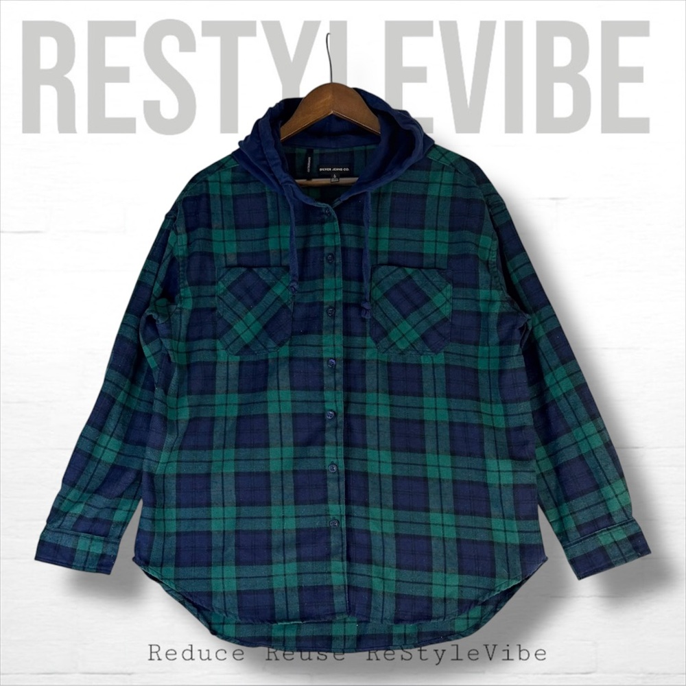 SILVER JEANS CO Women’s Size L Shirt Flannel Hooded Button Down Plaid Boyfriend